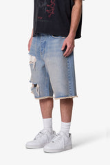 Baggy Distressed Denim Shorts - Light Blue