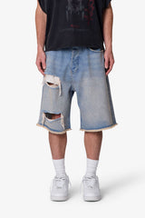 Baggy Distressed Denim Shorts - Light Blue