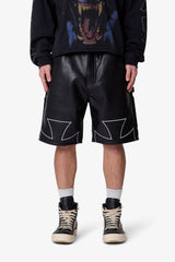 Baggy Iron Cross Leather Shorts - Black