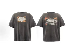 Saint Michael Burning Cassette & Boombox Graphic Vintage T-Shirt - Black