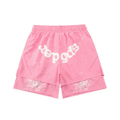SP5der Double-Layer Spiderweb Shorts – Pink / White Lettering