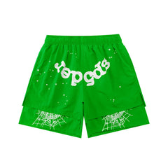 SP5der Double-Layer Spiderweb Shorts – Green / White Lettering
