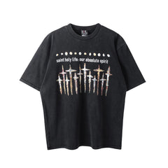 Saint Michael Multi-Cross & "saint holy Life" Vintage T-Shirt - Black