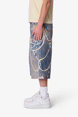 Ultra Baggy Chain Printed Denim Shorts - Light Blue