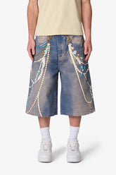 Ultra Baggy Chain Printed Denim Shorts - Light Blue