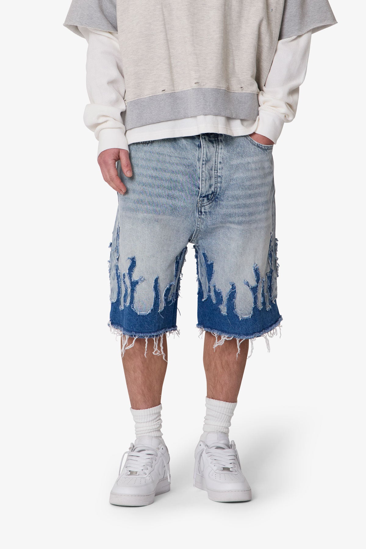 Baggy Flame Denim Shorts - Blue