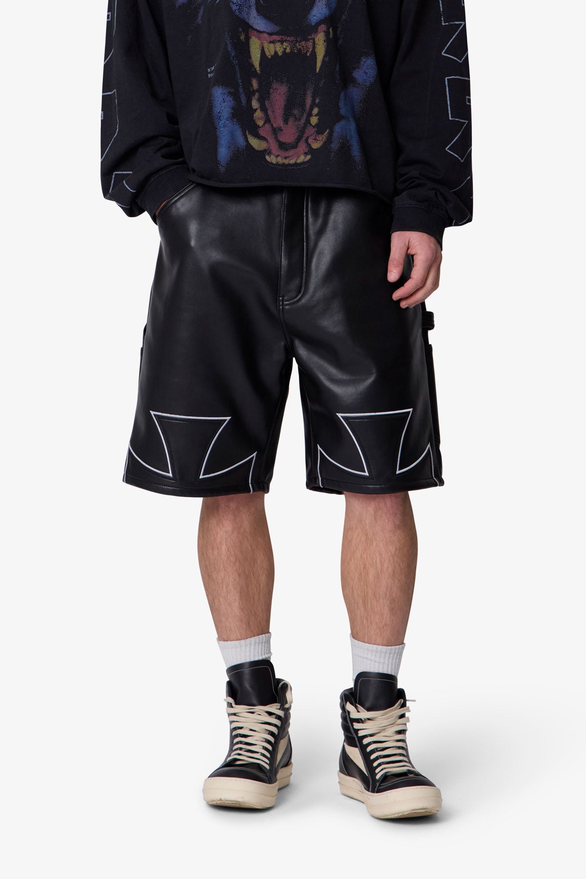 Baggy Iron Cross Leather Shorts - Black