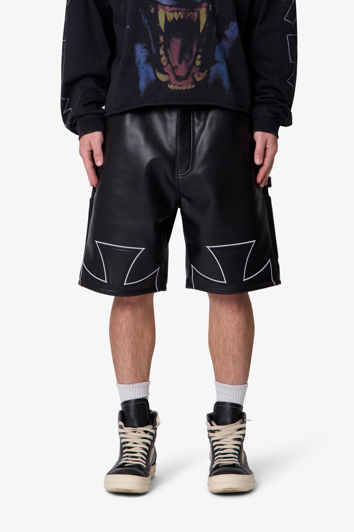 Baggy Iron Cross Leather Shorts - Black