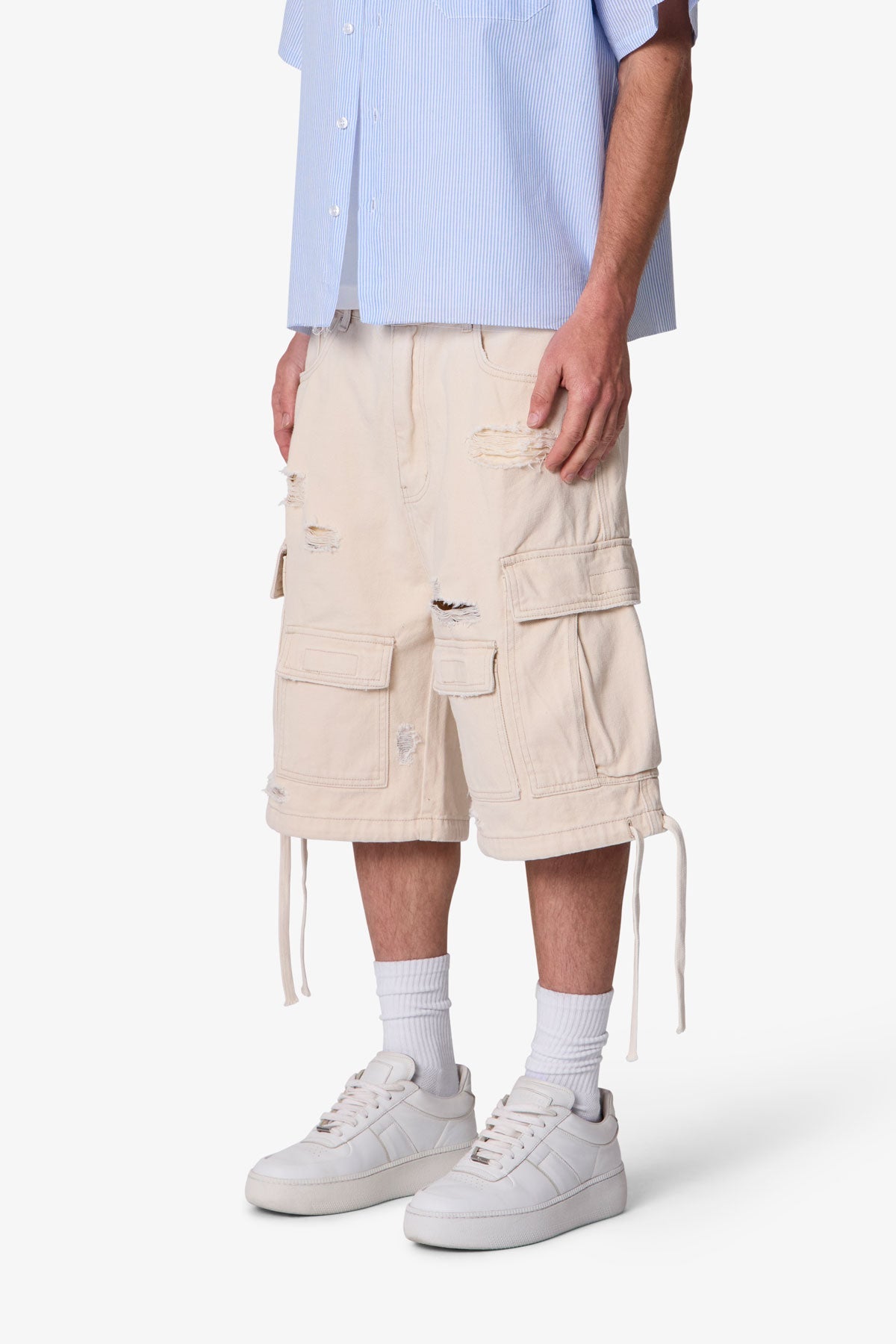 Distressed Baggy Cargo Shorts - Off White