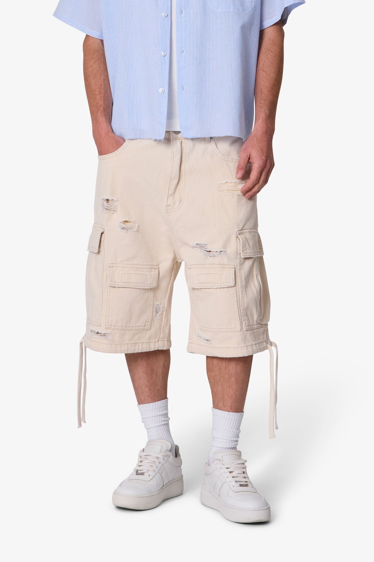 Distressed Baggy Cargo Shorts - Off White