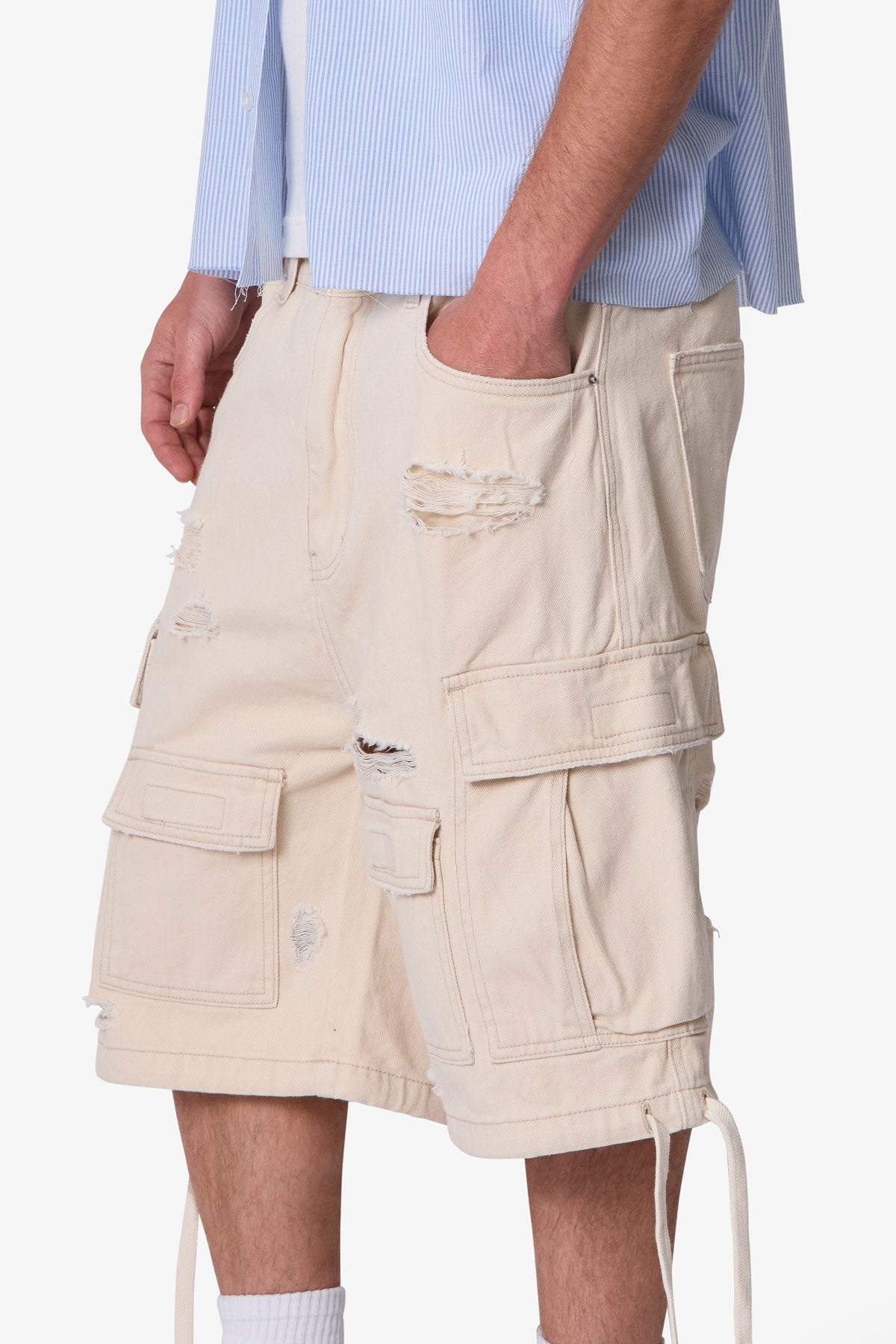 Distressed Baggy Cargo Shorts - Off White