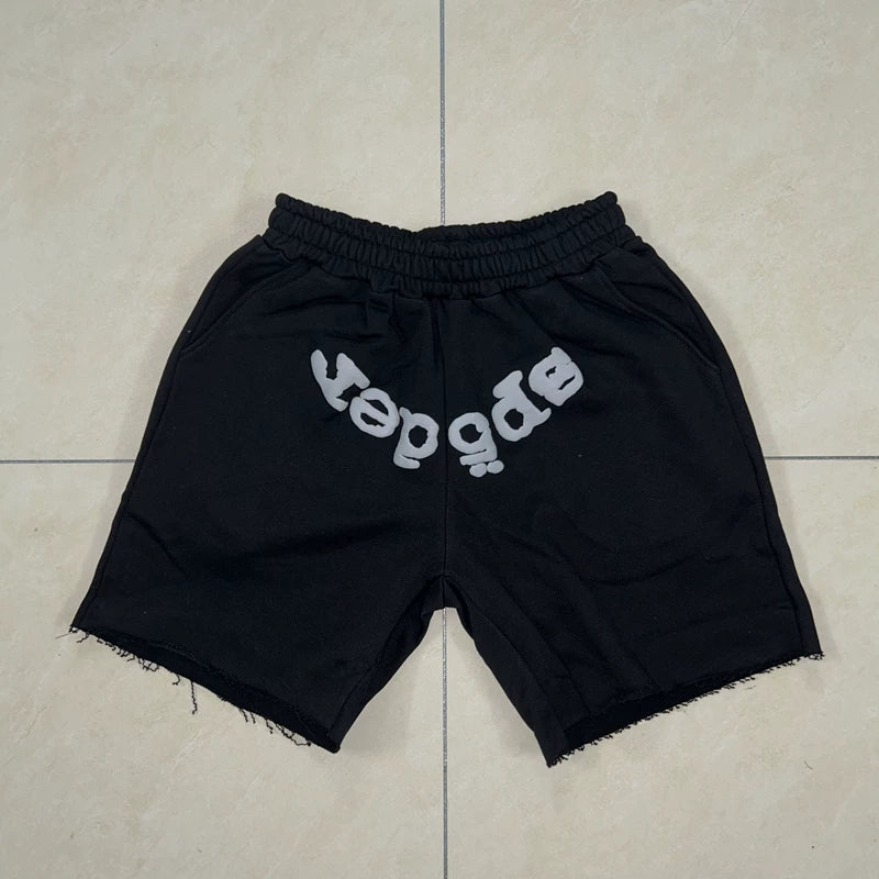 SP5der Puff Print Shorts – Black / Silver-Grey Lettering