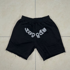 SP5der Puff Print Shorts – Black / Silver-Grey Lettering
