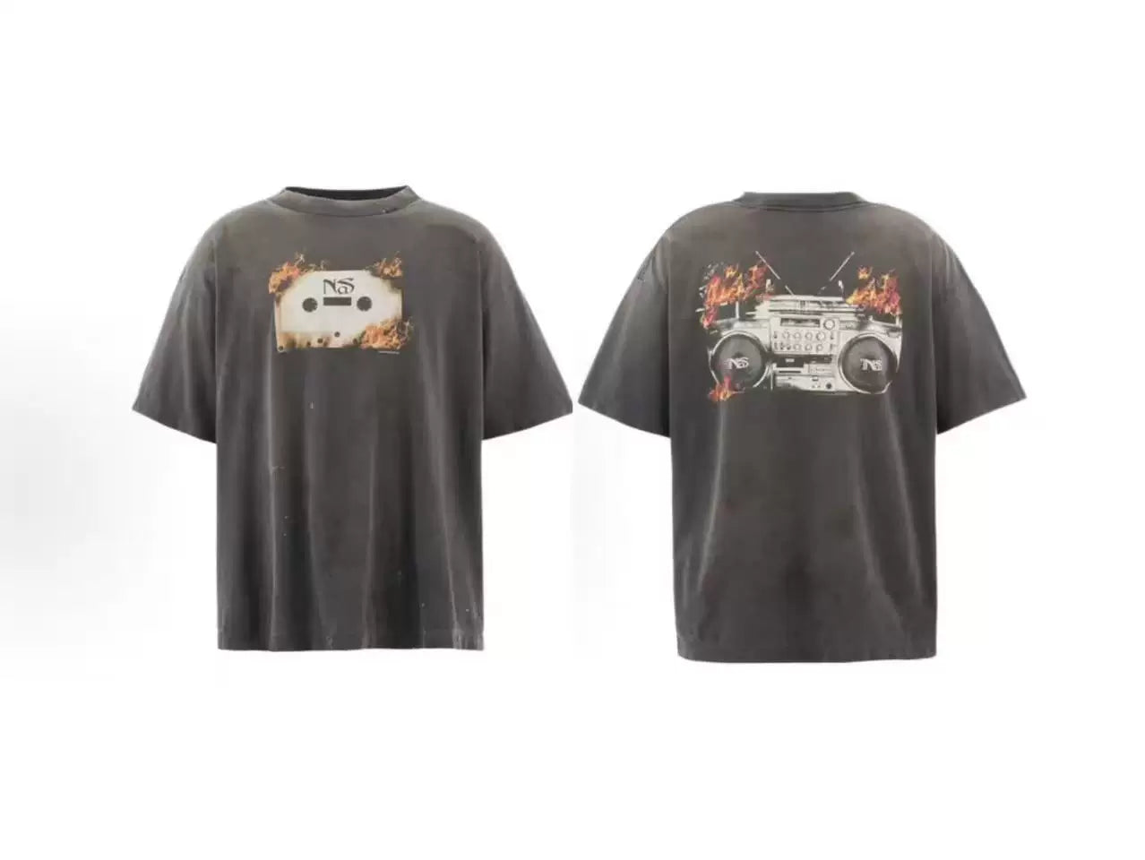 Saint Michael Burning Cassette & Boombox Graphic Vintage  T-Shirt - Black