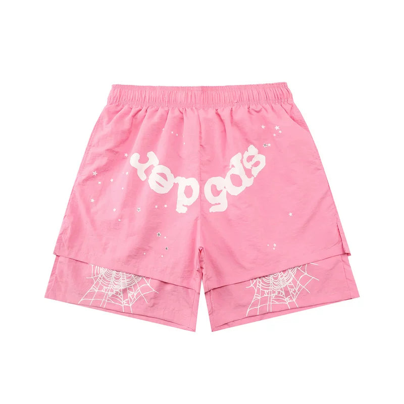 SP5der Double-Layer Spiderweb Shorts – Pink / White Lettering