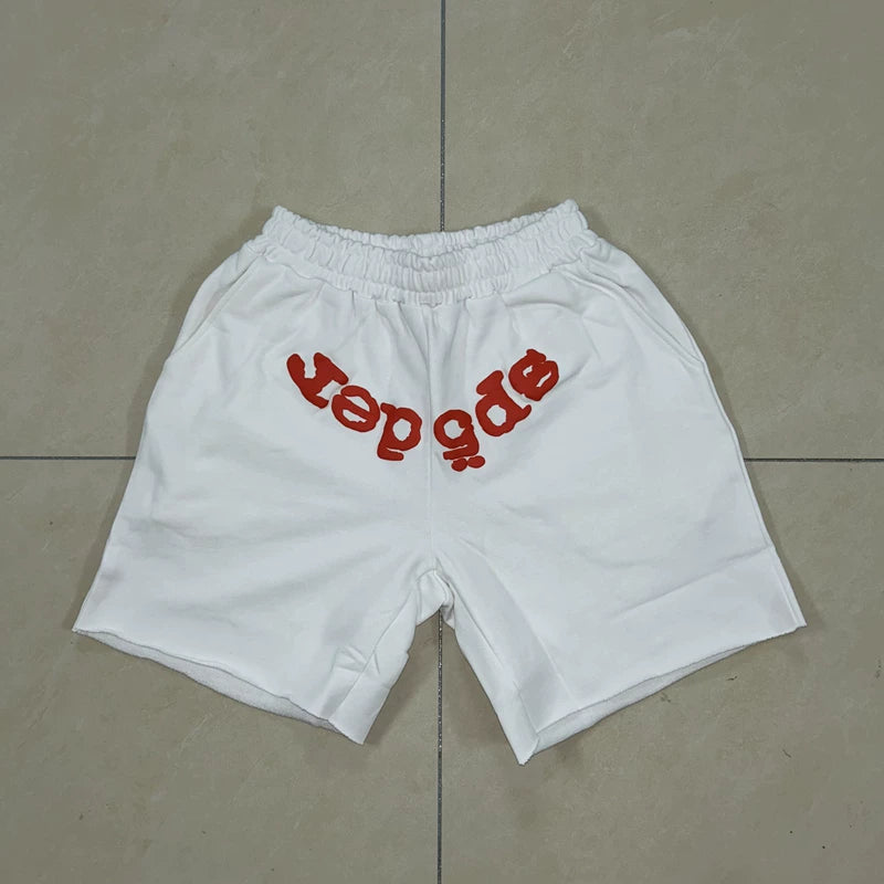 SP5der Puff Print Shorts – White / Red Lettering