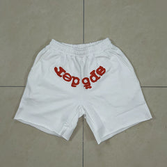 SP5der Puff Print Shorts – White / Red Lettering