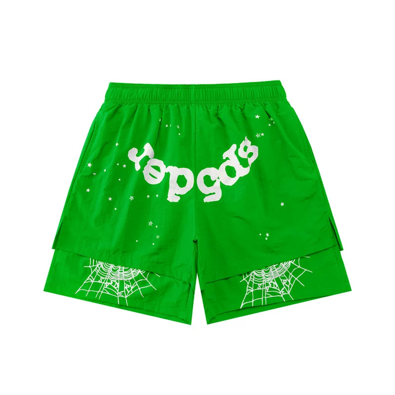 SP5der Double-Layer Spiderweb Shorts – Green / White Lettering