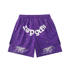 SP5der Double-Layer Spiderweb Shorts – Purple / White Lettering