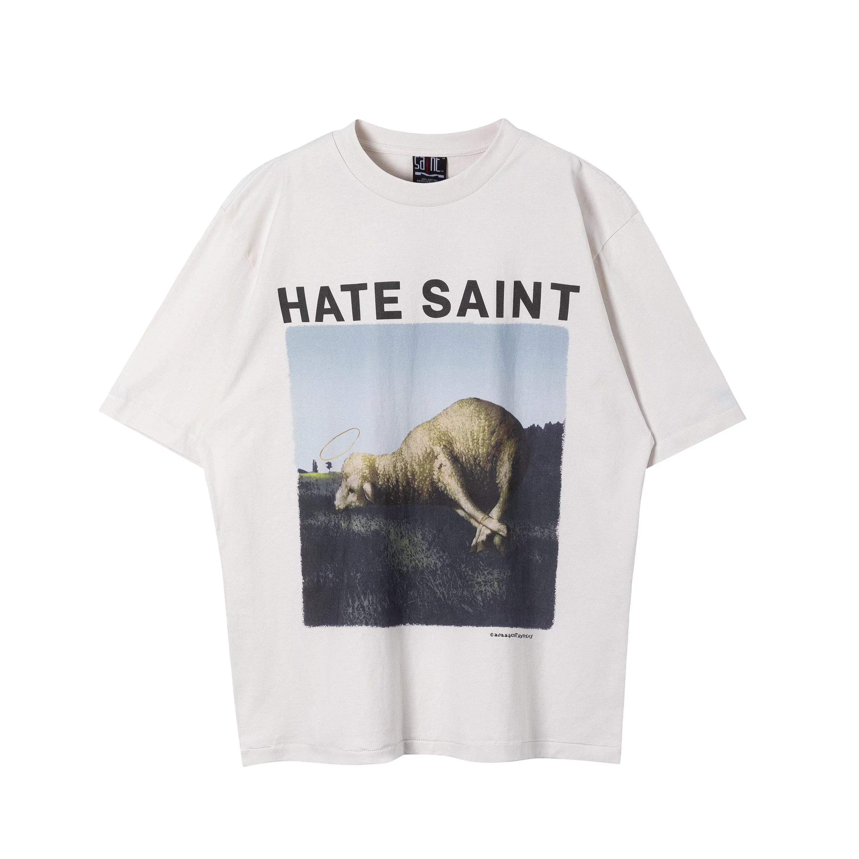 Saint Michael "HATE SAINT" Sheep & Landscape Vintage T-Shirt - Off-White