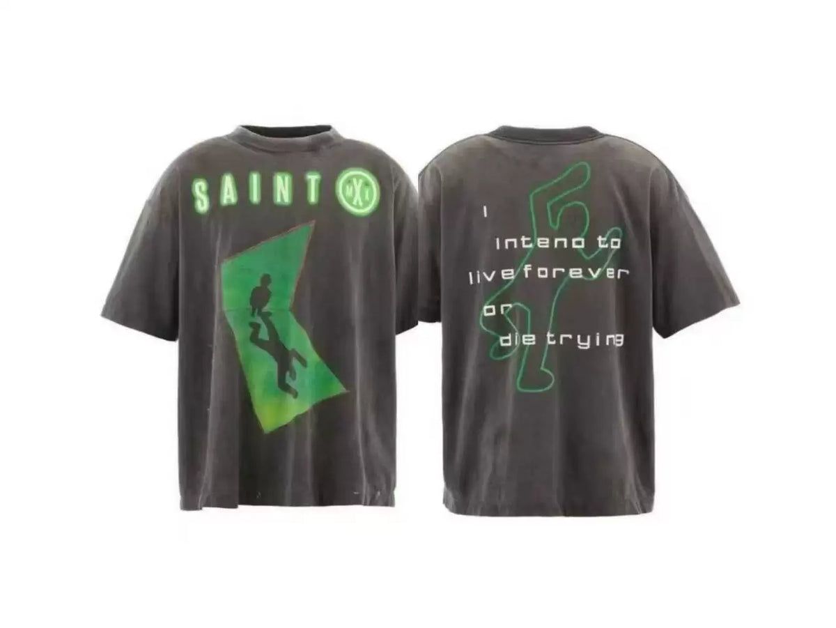 Saint Michael Neon Figure Graphic Vintage  T-Shirt - Black/Green