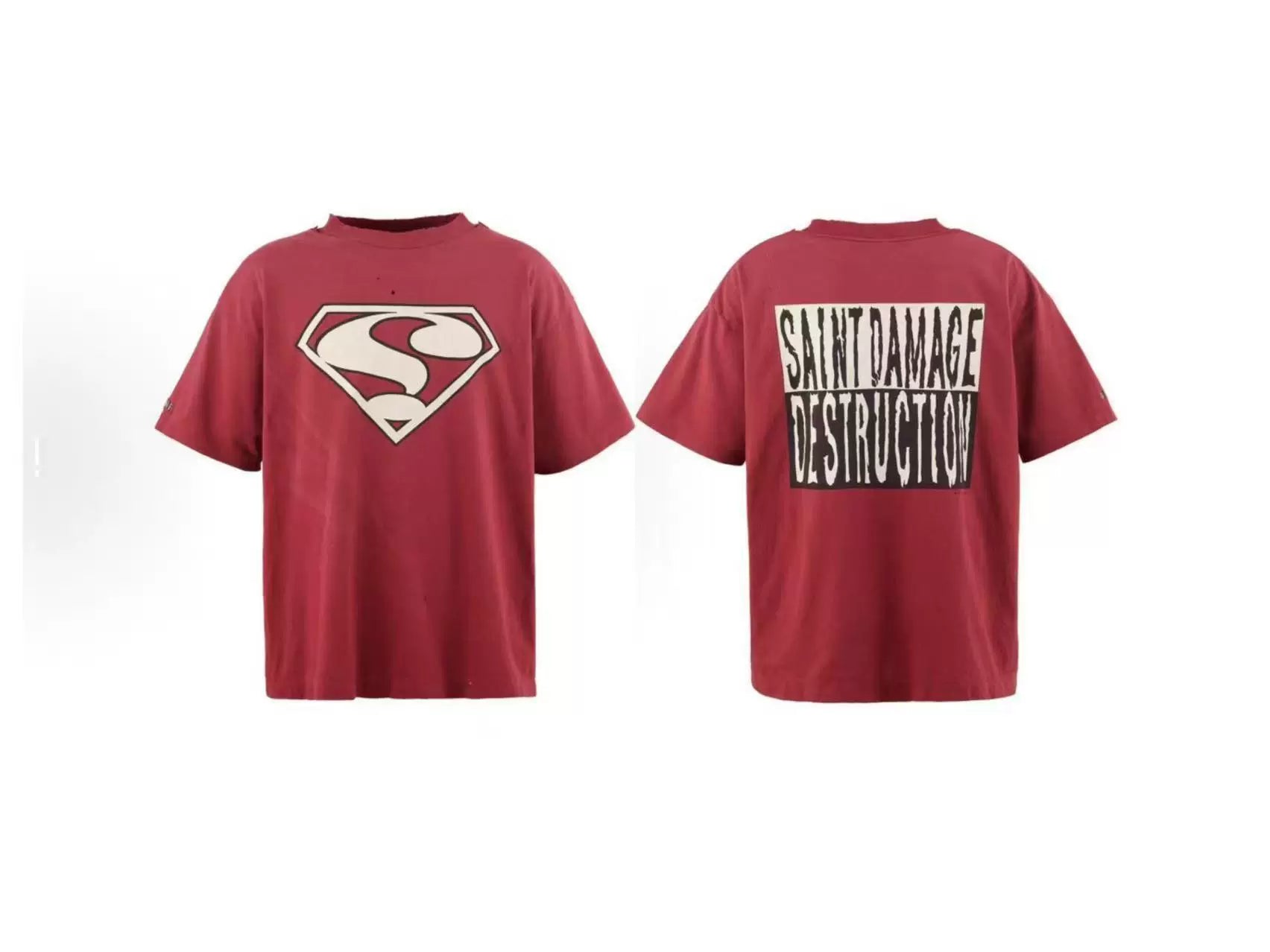 Saint Michael Shield & Damage Destruction Vintage  T-Shirt - Burgundy