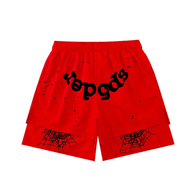 SP5der Double-Layer Spiderweb Shorts – Red / Black Lettering