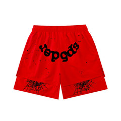 SP5der Double-Layer Spiderweb Shorts – Red / Black Lettering