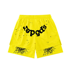 SP5der Double-Layer Spiderweb Shorts – Yellow / Black Lettering