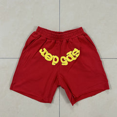 SP5der Puff Print Shorts – Red / Yellow Lettering