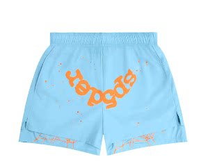 SP5der Double-Layer Spiderweb Shorts – Light Blue / Orange Lettering