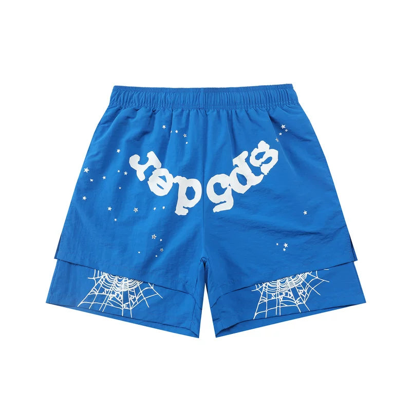 SP5der Double-Layer Spiderweb Shorts – Royal Blue / White Lettering