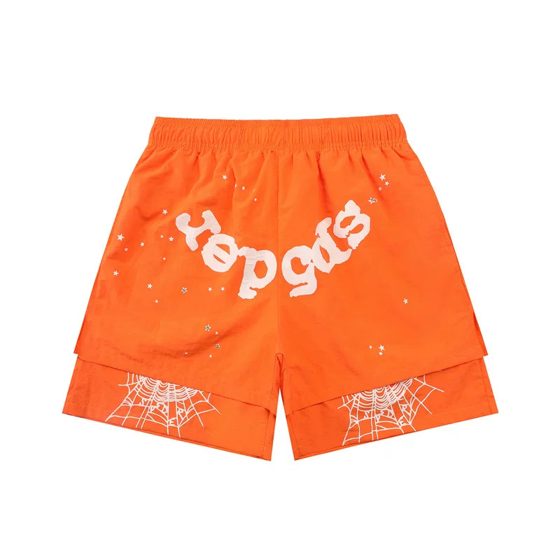 SP5der Double-Layer Spiderweb Shorts – Orange / White Lettering