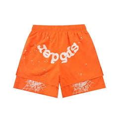 SP5der Double-Layer Spiderweb Shorts – Orange / White Lettering