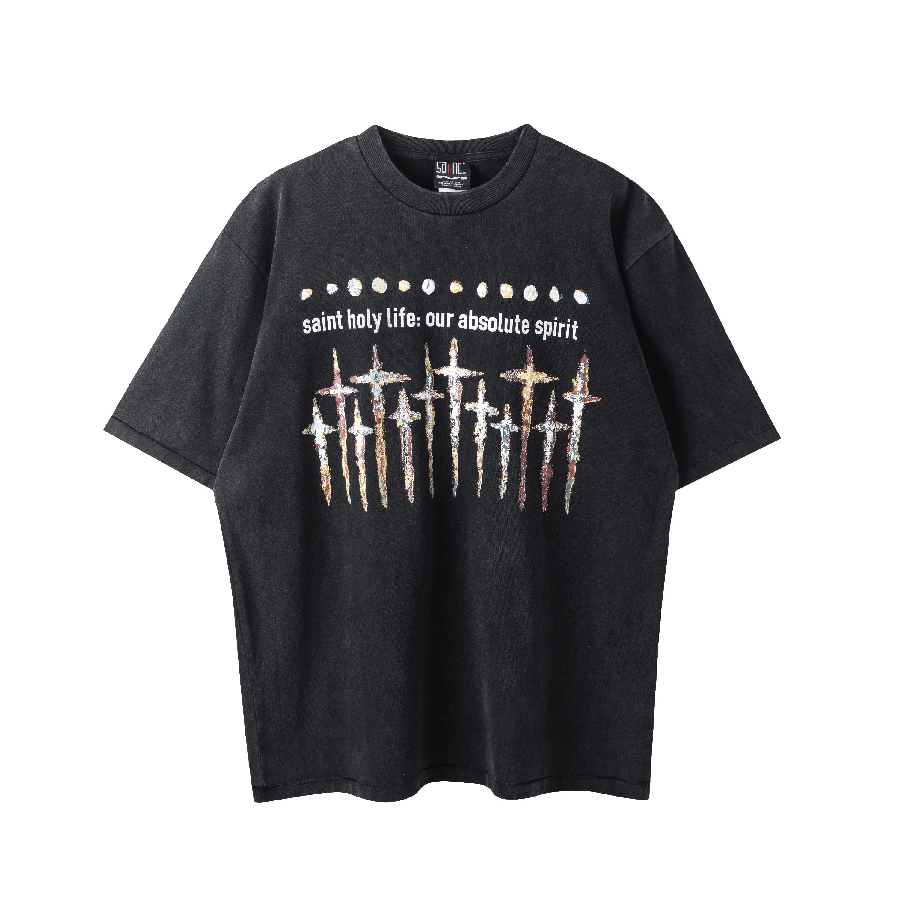 Saint Michael Multi-Cross & "saint holy Life" Vintage T-Shirt - Black