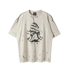Saint Michael Anime Character & Sleeve Graphic Vintage T-Shirt - Off-White