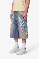 Ultra Baggy Chain Printed Denim Shorts - Light Blue