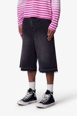 Ultra Baggy Raw Hem Denim Shorts - Washed Black